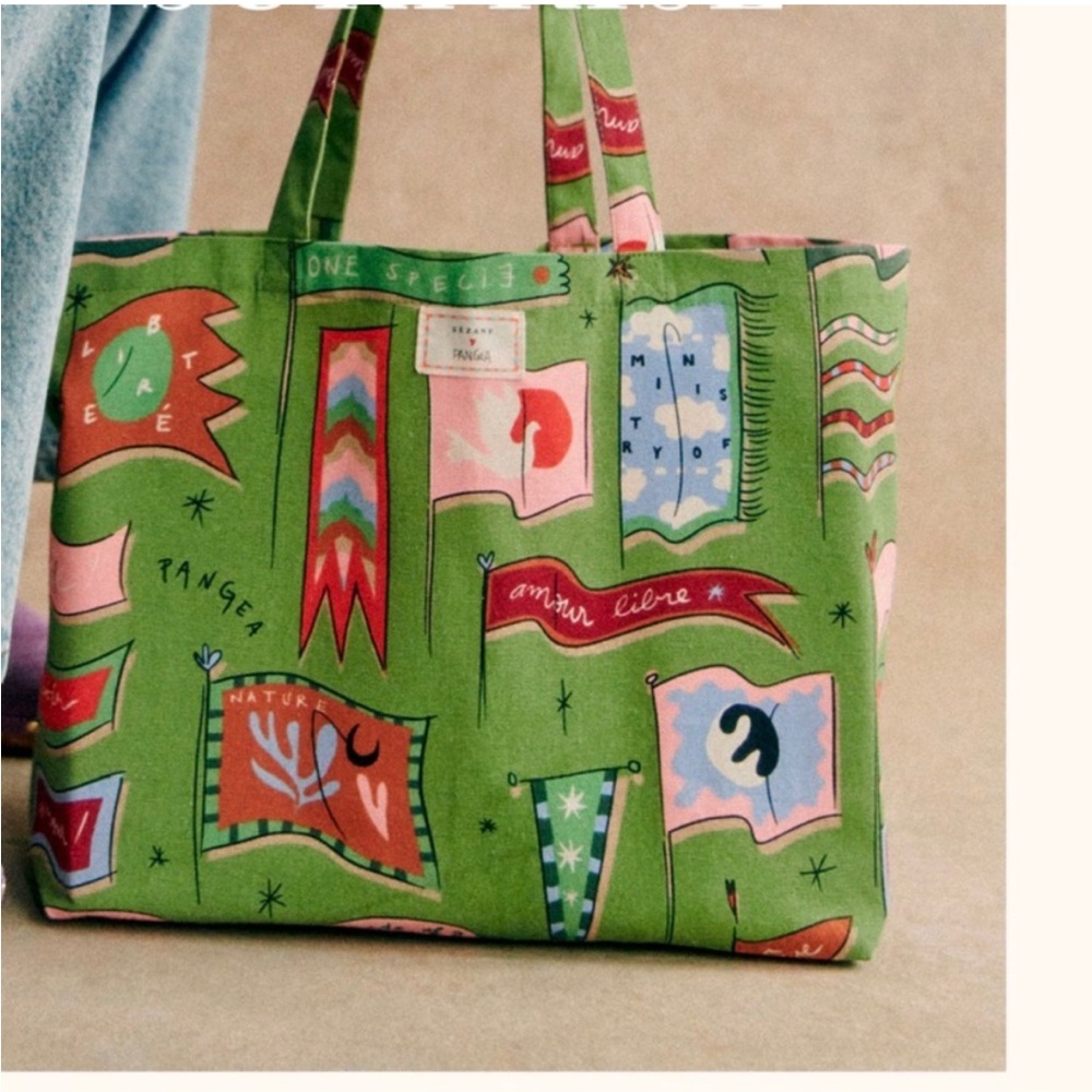 Sézane x Pangea Tote Bag Drapeau Fond Vert - NWT - Picture 3 of 10